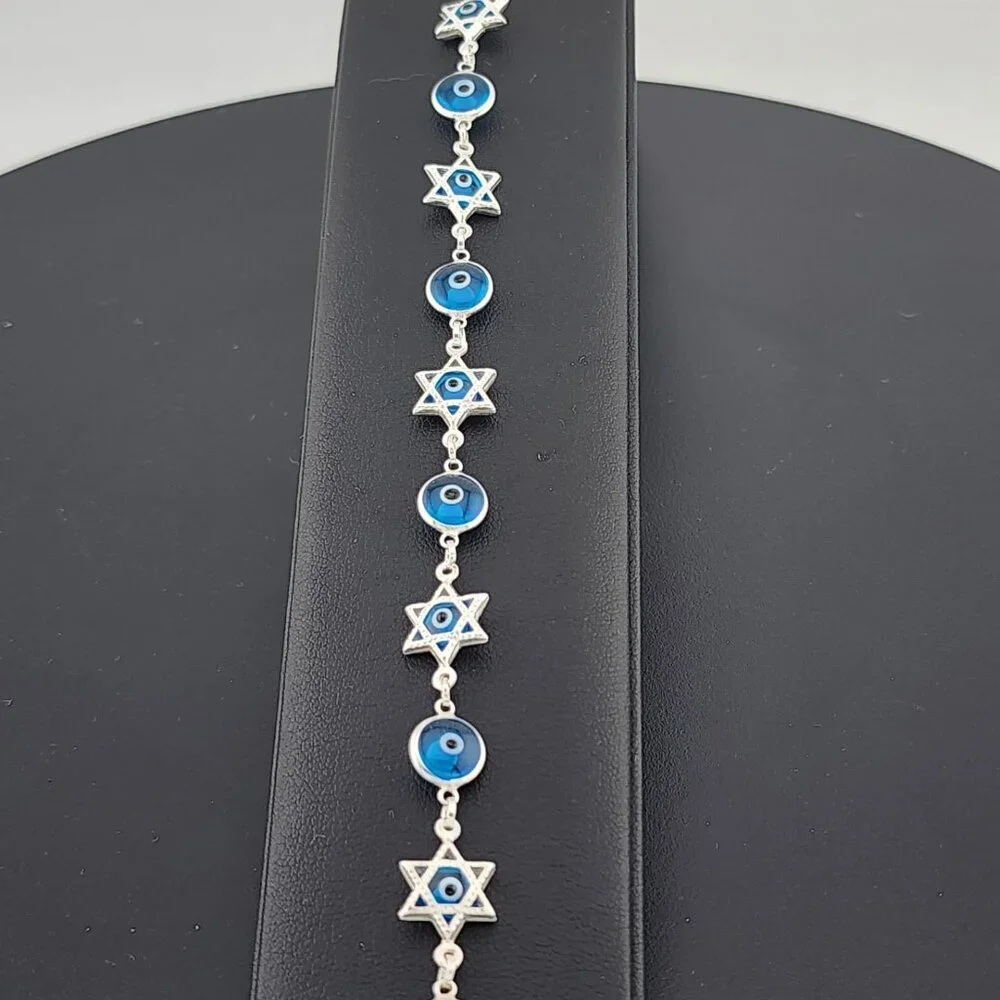 Sterling Silver 925 Multi Round & Star Evil Eye Bracelet – Protection & Style - Picture 3 of 13